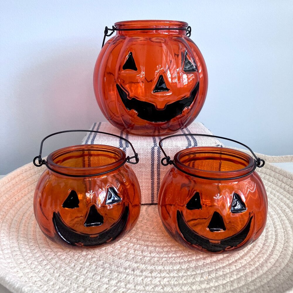 Halloween Glass Pumpkin Orange Tea Light Votive Candle Holders Bowls Set Decor